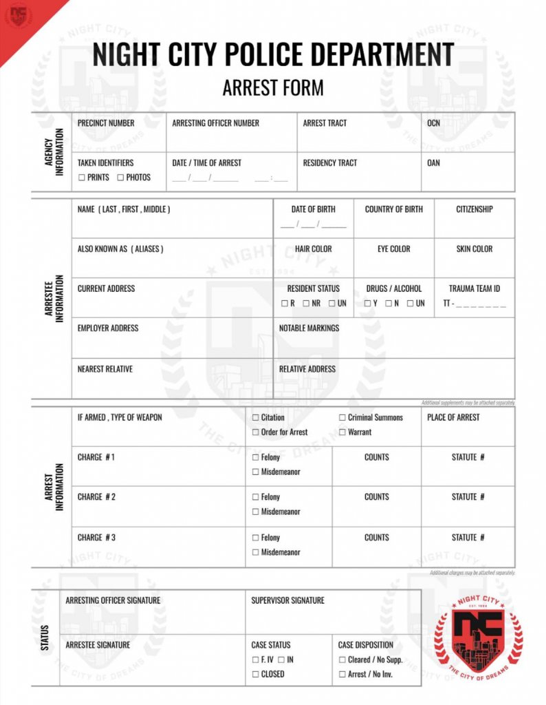 Cyberpunk RED - Net - Sheet - NCPD Arrest Form by spider-dan2077