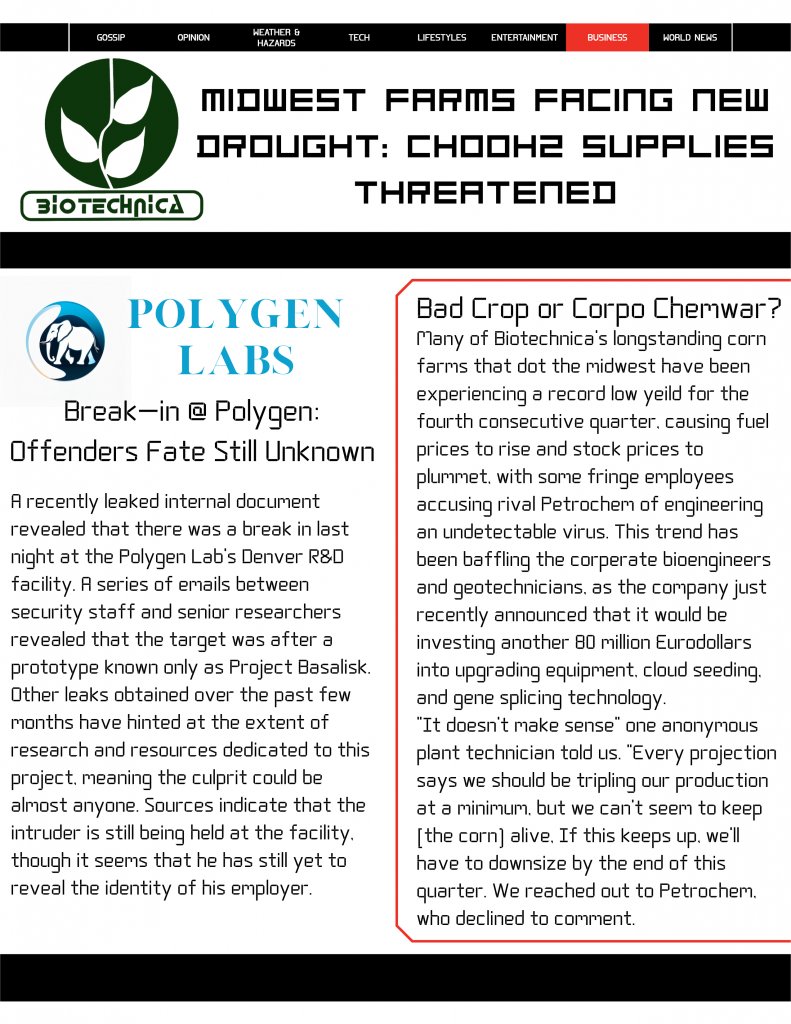 Cyberpunk RED - Net - Flavor - Screamsheet Biotechnica by Bun Daddy