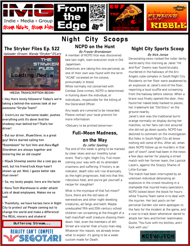 Cyberpunk RED - Net - Flavor - Screamsheet IMG 5-Night City Scoops by CapriciousNature