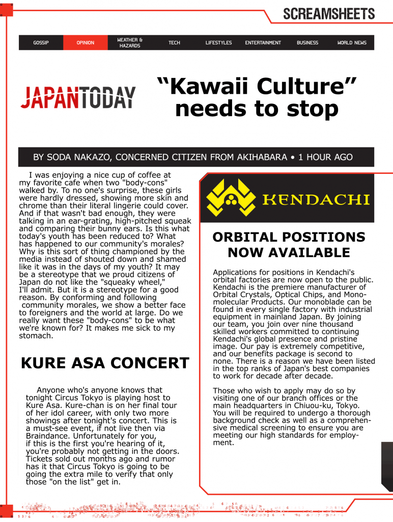 Cyberpunk RED - Net - Flavor - Screamsheet Japan Today 01 (Kawaii) by ELH