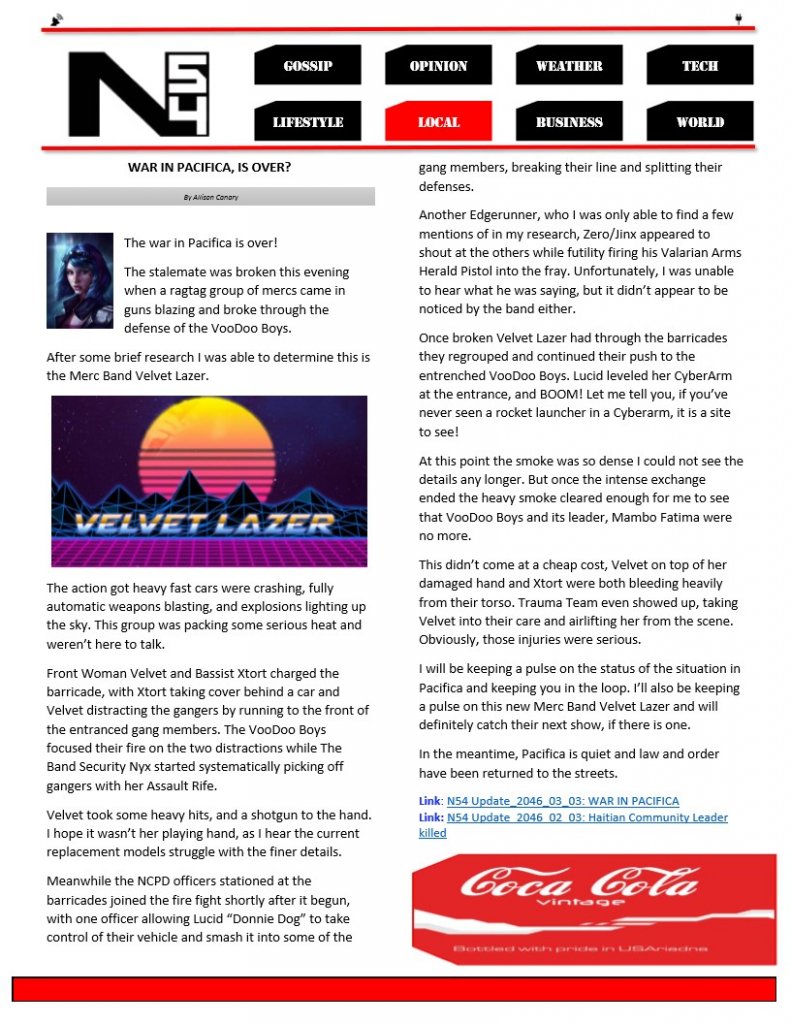 Cyberpunk RED - Net - Flavor - Screamsheet N54 2036-03-31 (End-of-the-War-in-Pacifica 1) by SagaBorn