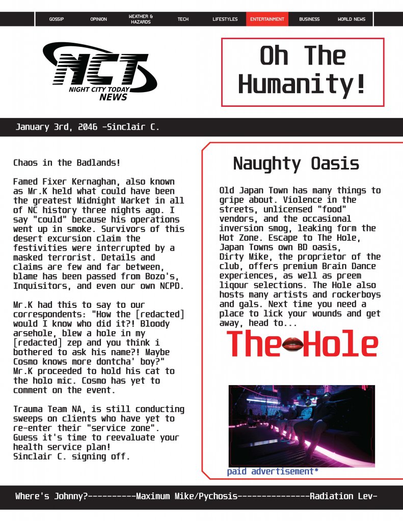 Cyberpunk RED - Net - Flavor - Screamsheet NCT 3 Oh The Humanity by Rattlysky16