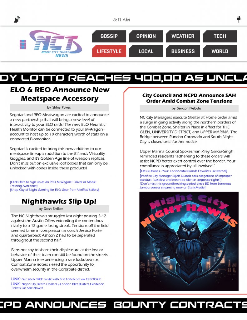 Cyberpunk RED - Net - Flavor - Screamsheet NCT  (Combat Zone Spilling) by Sivirbot