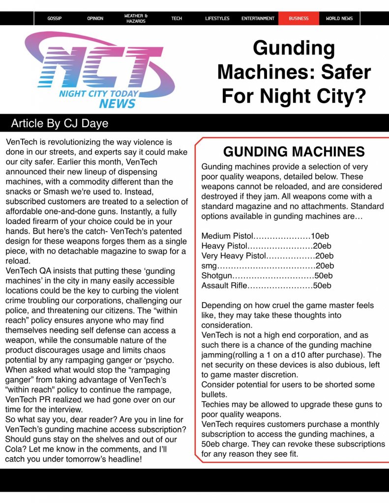 Cyberpunk RED - Net - Flavor - Screamsheet NCT (Gunding Machines) by Unknown
