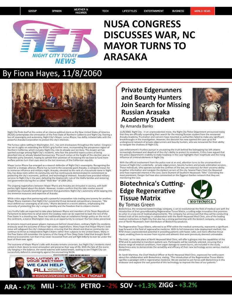 Cyberpunk RED - Net - Flavor - Screamsheet NCT (Nusa Sabre Rattling) by Al Shabib