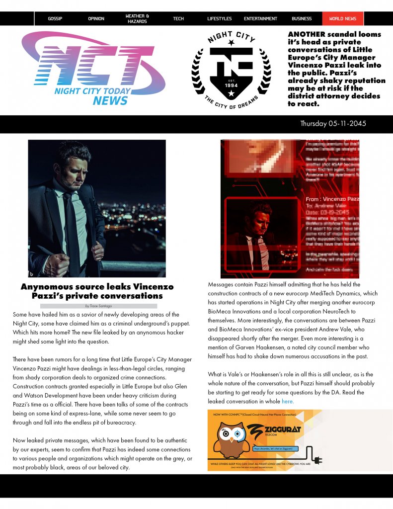 Cyberpunk RED - Net - Flavor - Screamsheet NCT (Pazzi Exposed) by NuWonder