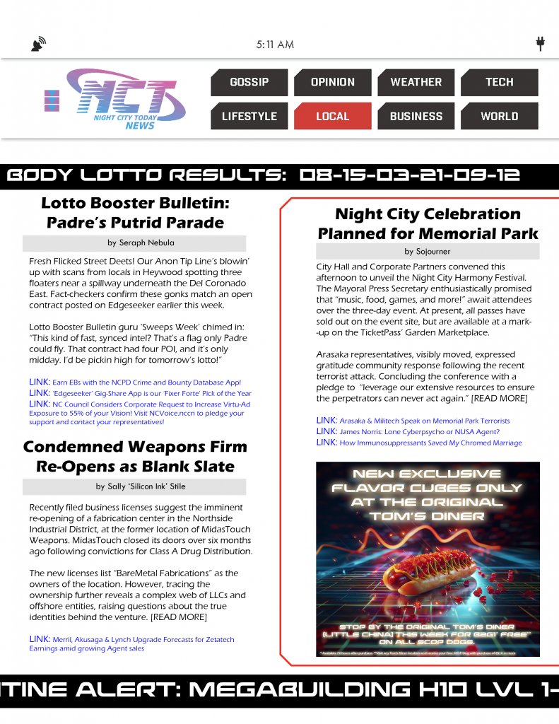 Cyberpunk RED - Net - Flavor - Screamsheet NCT (The Jacket) by Sivirbot