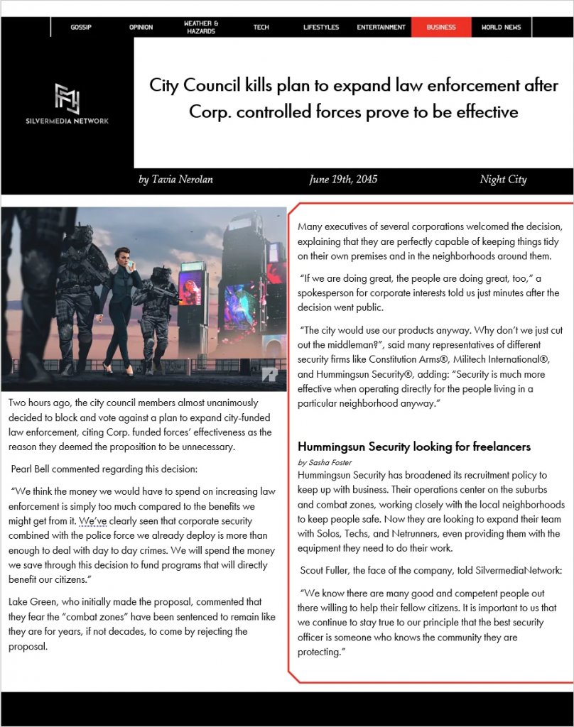 Cyberpunk RED - Net - Flavor - Screamsheet SMN 45-6-19 by Enbygray