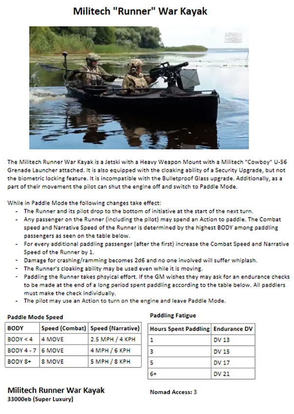 Cyberpunk RED - Net - Vehicles - Militech Runner War Kayak by AgentSmith200