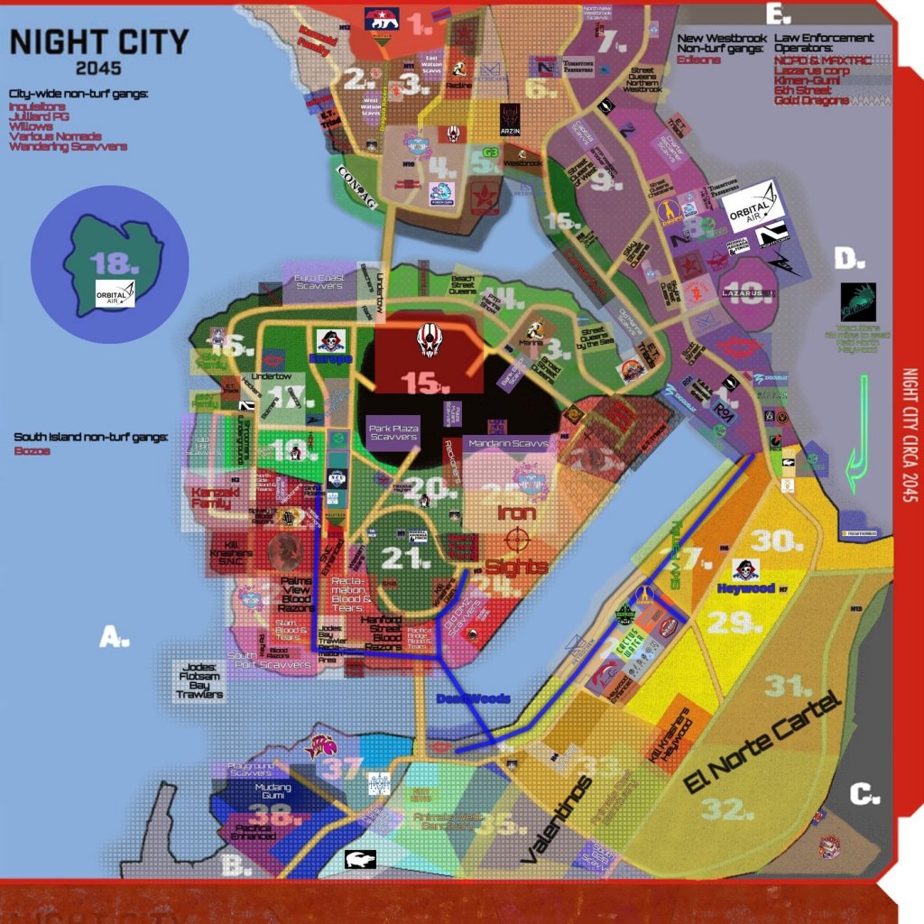 Cyberpunk RED - Net - Places - Night City 2045 Territories Map by Erkki Leitsaro