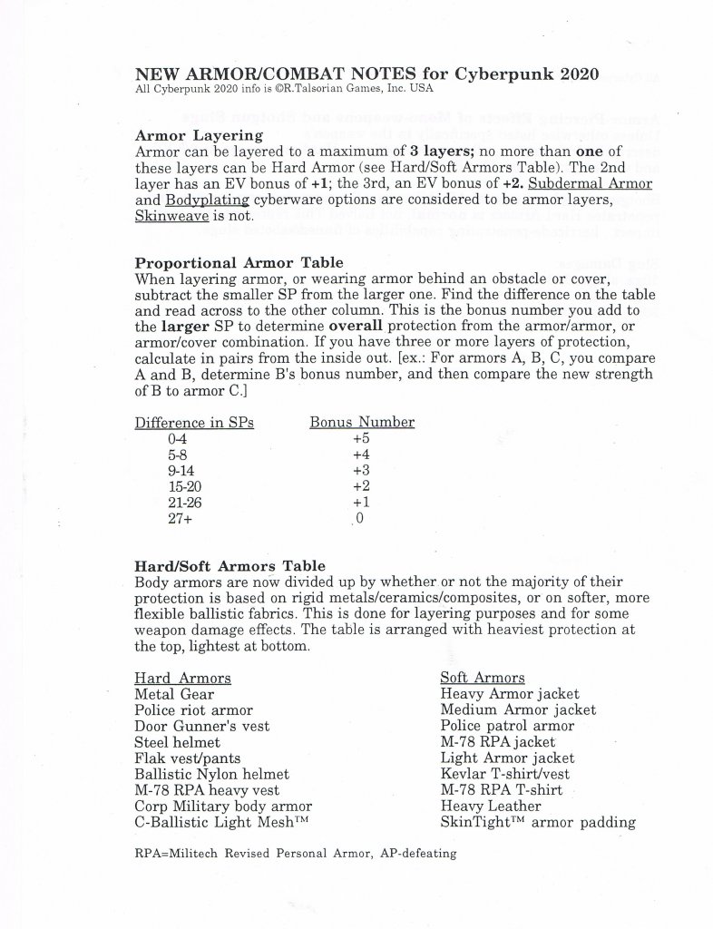 Cyberpunk 2020 - Armor and Combat Errata